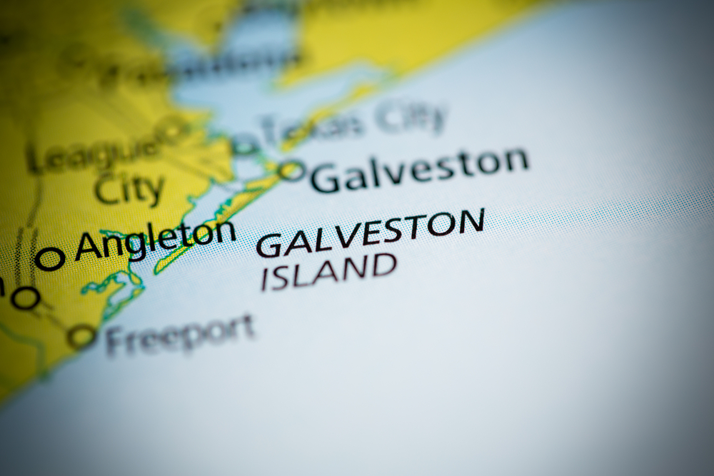 A map shows Galveston Island off the coast of Texas